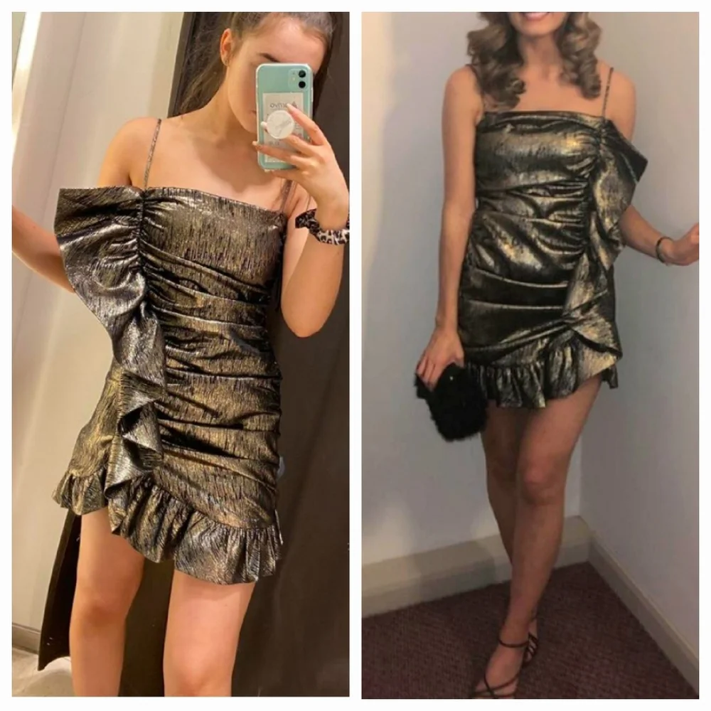 Zara Gold Metallic Mini Dress S Small Sleeveless Ruffled Bow Holiday Party - Picture 4 of 14